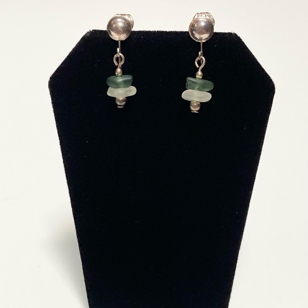 Vintage Sea Glass Sterling Silver Clip On Earrings